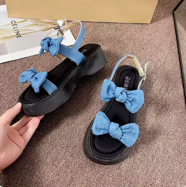 蝴蝶結松糕涼鞋(藍色 35-40碼）(下單後聯絡客服確認發貨尺碼)