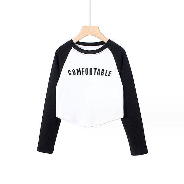 秋季韓版女童長袖T恤 棉羊絨插肩短款打底衫（白/黑）（尺碼120-160）(下單後聯絡客服確認發貨尺碼）