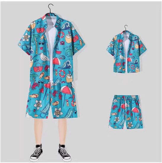 男士沙灘裝冰絲短袖花襯衫套裝【2115藍色 一套】(尺碼：M-3XL）【下單後請聯絡客服確認發貨尺碼】