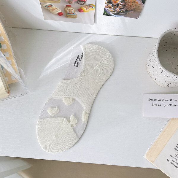夏季薄款船襪女卡絲隱形矽膠棉底短襪子(小愛心)1雙