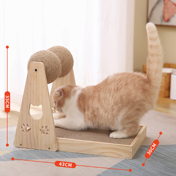 劍麻球實木轉盤貓抓板貓玩具（雙球貓抓板）#(GTN)