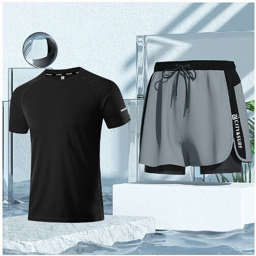 男士泳衣沙灘褲套裝（灰色泳褲+315短袖）（L-5XL)（下單後跟客服聯系發貨的尺寸）