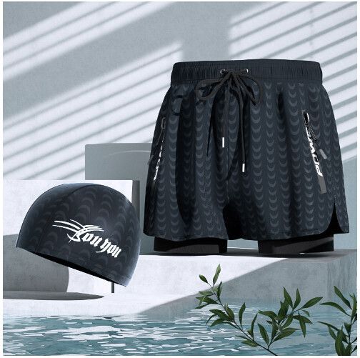 男士游泳泳褲套裝（黑色鯊魚+泳帽）（L-5XL)（下單後跟客服聯系發貨的尺寸）