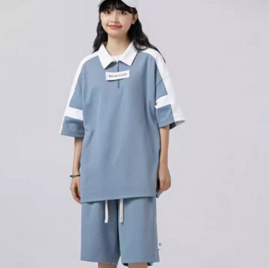 Polo領短袖短褲兩件套【霧霾藍】【S-XXXL碼】（下單後請聯絡客服確認發貨尺碼）