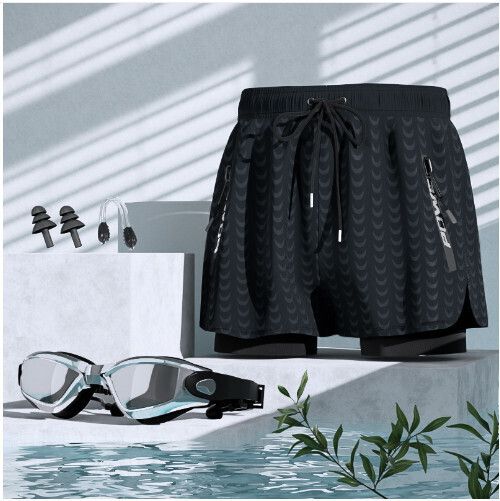 男士游泳泳褲套裝（黑色鯊魚+泳鏡（送鼻夾耳塞））（L-5XL)（下單後跟客服聯系發貨的尺寸）