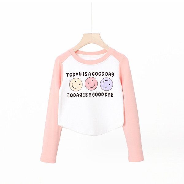 秋季女童長袖T恤 撞色短款上衣 打底衫（粉色）（尺碼120-160）(下單後聯絡客服確認發貨尺碼）