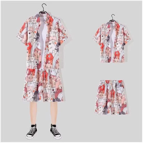 男士沙灘裝冰絲短袖花襯衫套裝【1151粉色一套】(尺碼：M-3XL）【下單後請聯絡客服確認發貨尺碼】