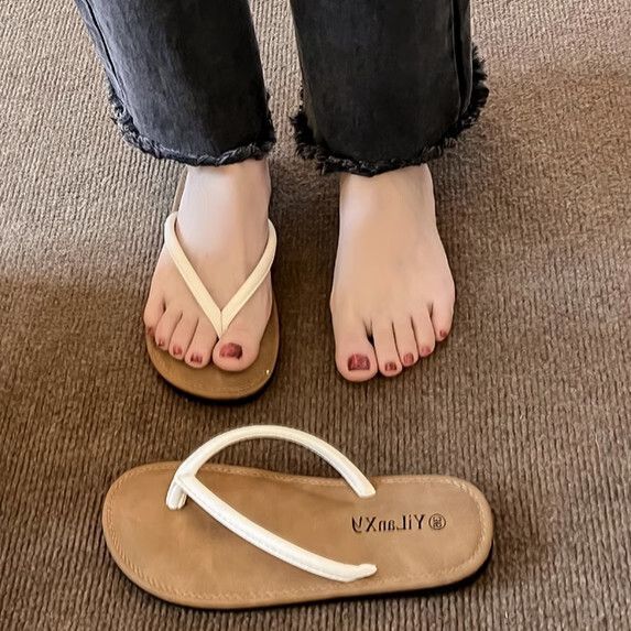 人字夾腳涼拖女夏（米色【35_40碼】(下單後聯繫客服確認發貨尺碼）