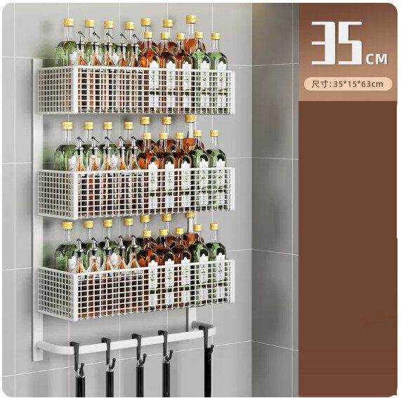 浴室掛架,廚房掛架,壁掛置物架【三層白色35*15*63cm[10掛鉤+安裝配件]】 