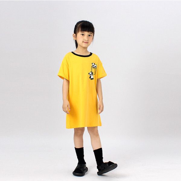 夏季韓版女童短袖連衣裙 卡通熊貓睡裙（黃色）（尺碼120-160）(下單後聯絡客服確認發貨尺碼）