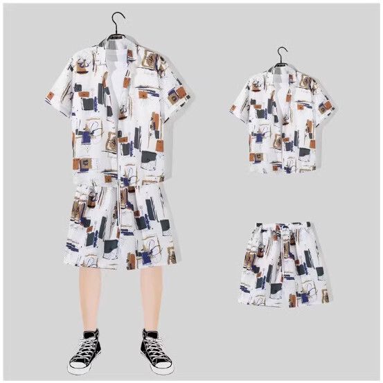 男士沙灘裝冰絲短袖花襯衫套裝【1165白色 一套】(尺碼：M-3XL）【下單後請聯絡客服確認發貨尺碼】