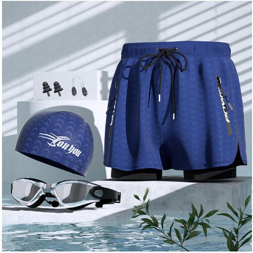 男士游泳泳褲套裝（藏藍鯊魚+泳帽+泳鏡（送鼻夾耳塞））（L-5XL)（下單後跟客服聯系發貨的尺寸）