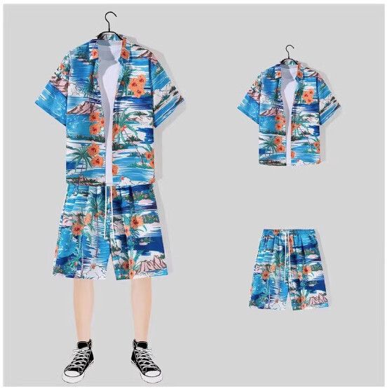 男士沙灘裝冰絲短袖花襯衫套裝【2113藍色 一套】(尺碼：M-3XL）【下單後請聯絡客服確認發貨尺碼】