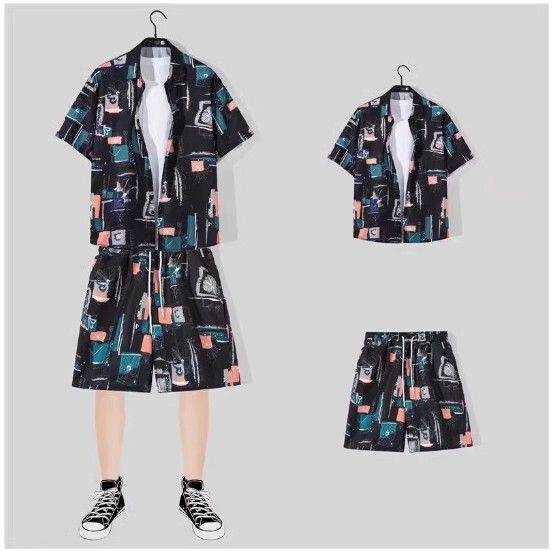 男士沙灘裝冰絲短袖花襯衫套裝【1165黑色 一套】(尺碼：M-3XL）【下單後請聯絡客服確認發貨尺碼】