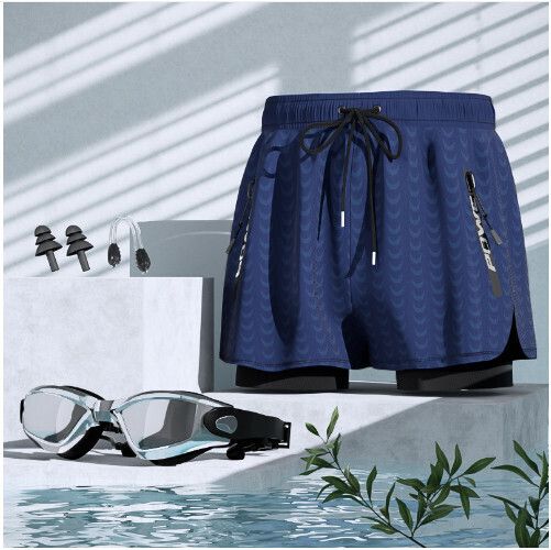男士游泳泳褲套裝（藏藍鯊魚+泳鏡（送鼻夾耳塞））（L-5XL)（下單後跟客服聯系發貨的尺寸）
