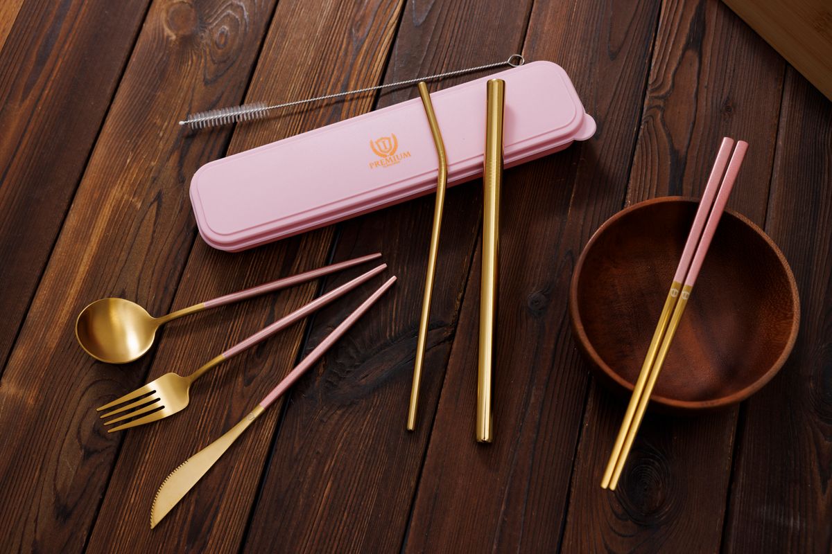 304不鏽鋼餐具及飲管便攜套裝連盒 粉金