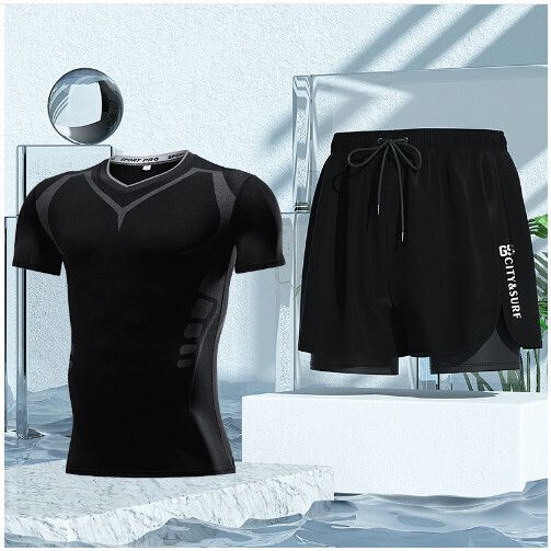 男士泳衣沙灘褲套裝（黑色泳褲+311短袖）（L-5XL)（下單後跟客服聯系發貨的尺寸）