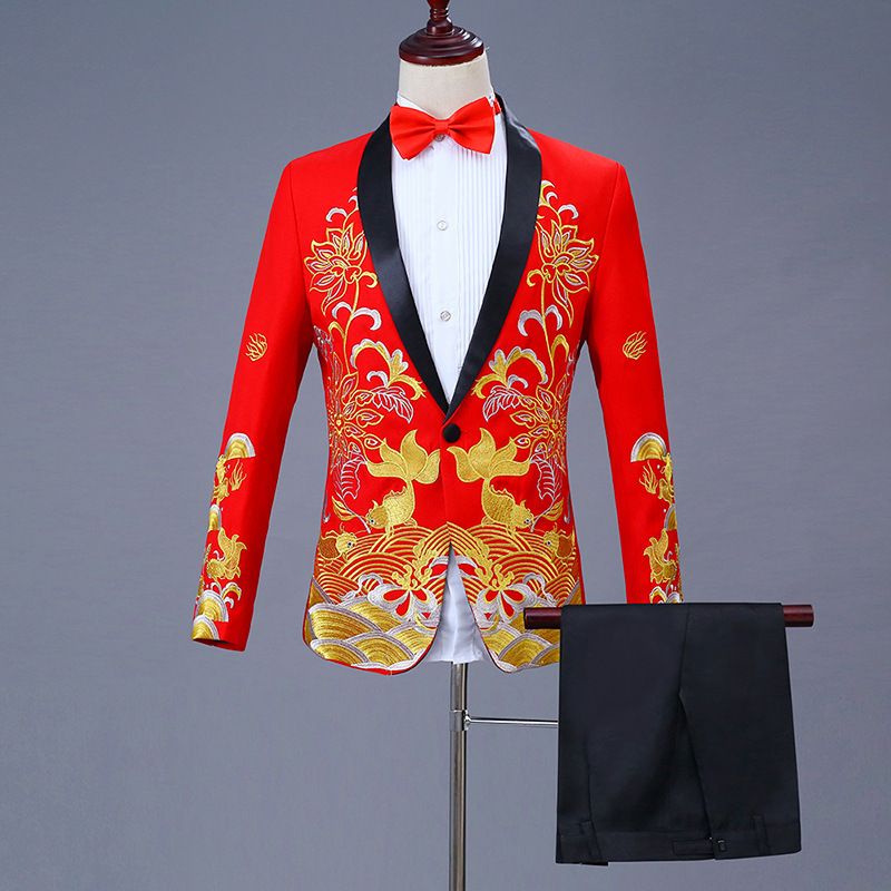 中式男士禮服年年有魚繡花中國風西服套裝新郎主持司儀西裝演出服