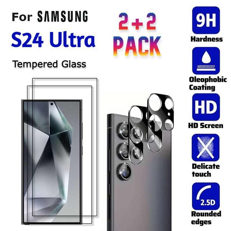 (2+2套裝) 三星 S24 Ultra 鋼化玻璃貼, 黑邊全屏 9H 級耐刮花 + 黑色鋼化玻璃後鏡頭保護蓋, 超薄0.15mm支持指紋解鎖