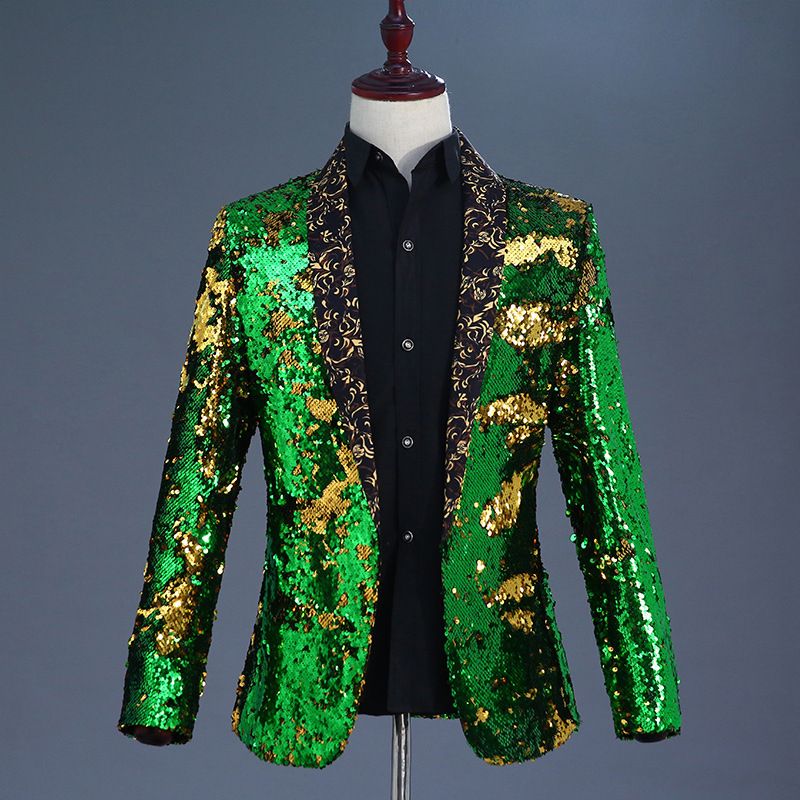 男士翻亮片青果领西服舞台演出服西装夜店酒吧DJ歌手主持人潮上衣