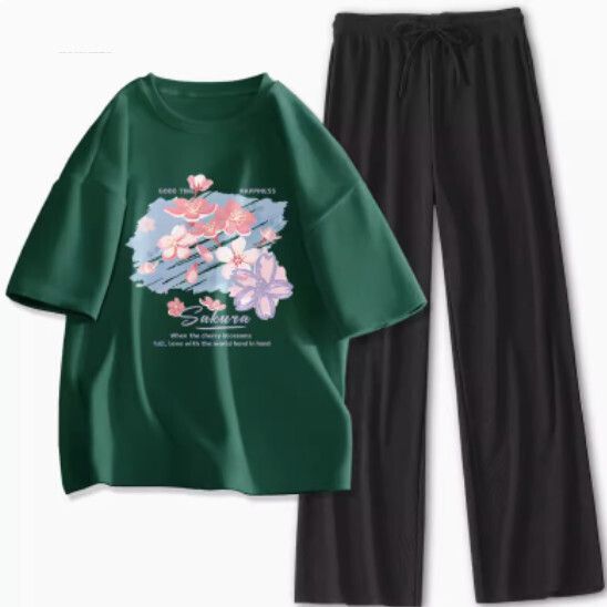 寬鬆短袖長褲兩件套【墨綠色（塗雅櫻花）+黑褲】【S-XL碼】（下單後請聯絡客服確認發貨尺碼）