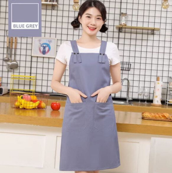 家用廚房簡約天絲棉圍裙（訂扣雙肩帶藍灰色）