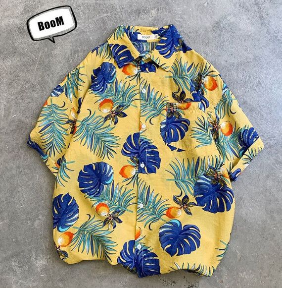 復古寬鬆沙灘短袖花襯衫【黃色103】(尺碼：M-3XL）【下單後請聯絡客服確認發貨尺碼】