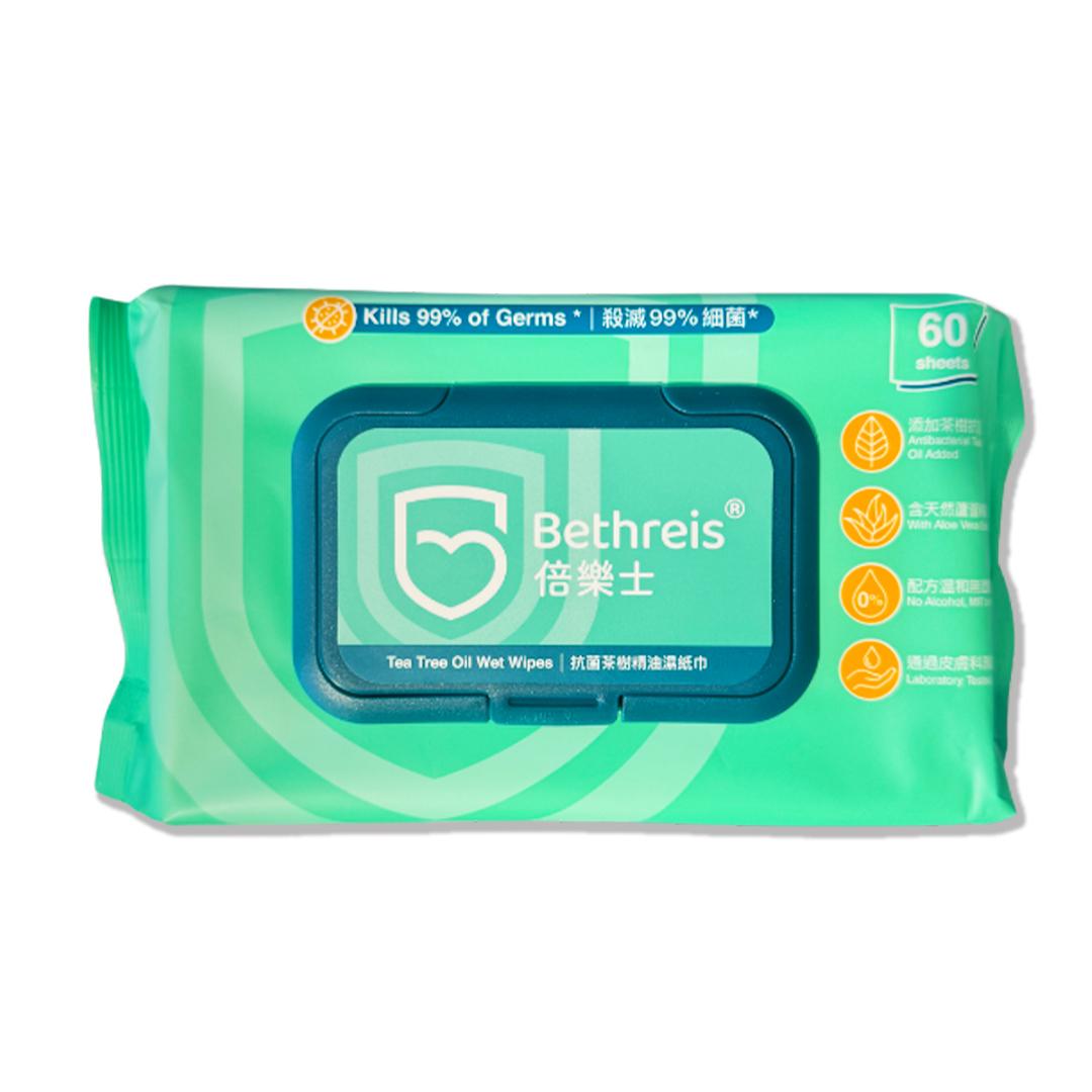 Bethreis Antibacterial Tea Tree Oil Wet Wipes with Caps 60 Count