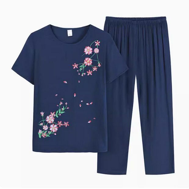 夏季中老年棉麻休閒套裝（藏青色）【尺碼：XL-4XL】【下單後聯絡客服確認發貨尺碼】F203013080