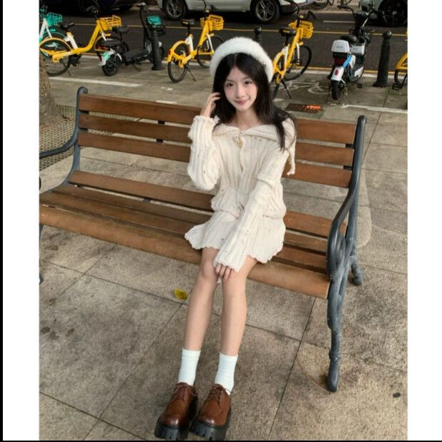 毛衣短裙兩件套【奶白色套裝】尺碼【S碼—XL碼】【下單後請聯絡客服確認發貨尺碼】