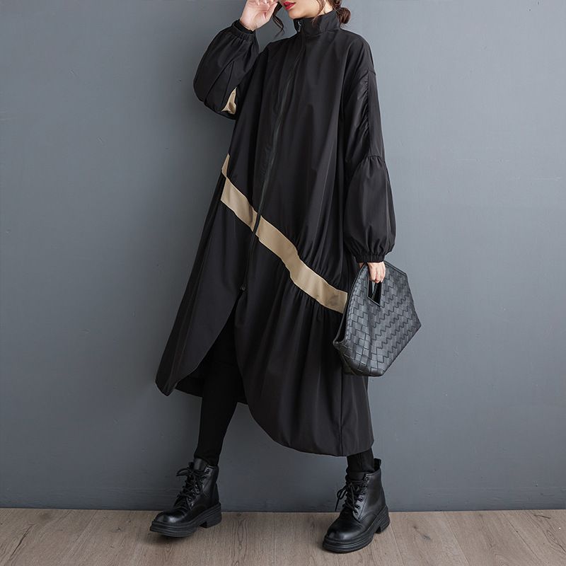 秋冬韩版撞色拼接小灯笼袖时尚风衣不规则小众显瘦外套