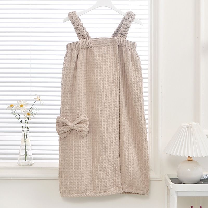 蝴蝶結超細纖維浴袍 吸水可穿浴巾 華夫格吊帶浴裙