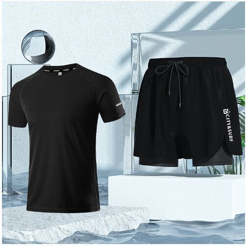 男士泳衣沙灘褲套裝（黑色泳褲+315短袖）（L-5XL)（下單後跟客服聯系發貨的尺寸）
