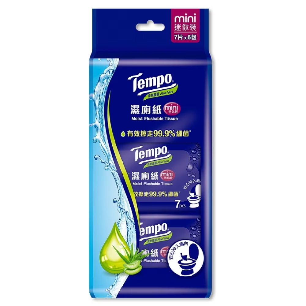 Tempo -  Mini Moist Flushable Tissue (Aloe Vera) (7pcs/pack X 6)(Random Delivery)