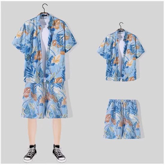男士沙灘裝冰絲短袖花襯衫套裝【1123藍色 一套】(尺碼：M-3XL）【下單後請聯絡客服確認發貨尺碼】