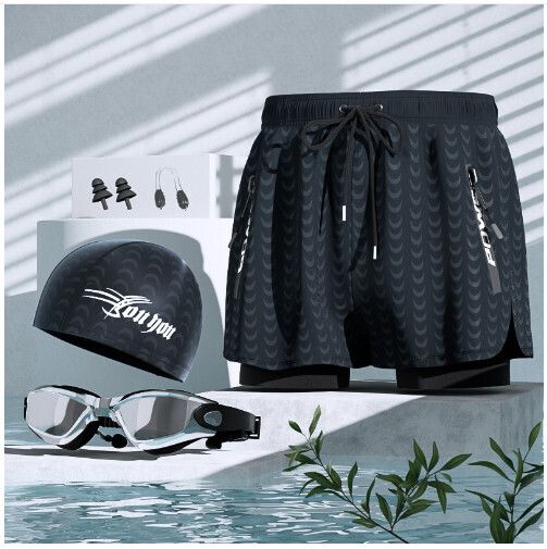 男士游泳泳褲套裝（黑色鯊魚+泳帽+泳鏡（送鼻夾耳塞））（L-5XL)（下單後跟客服聯系發貨的尺寸）
