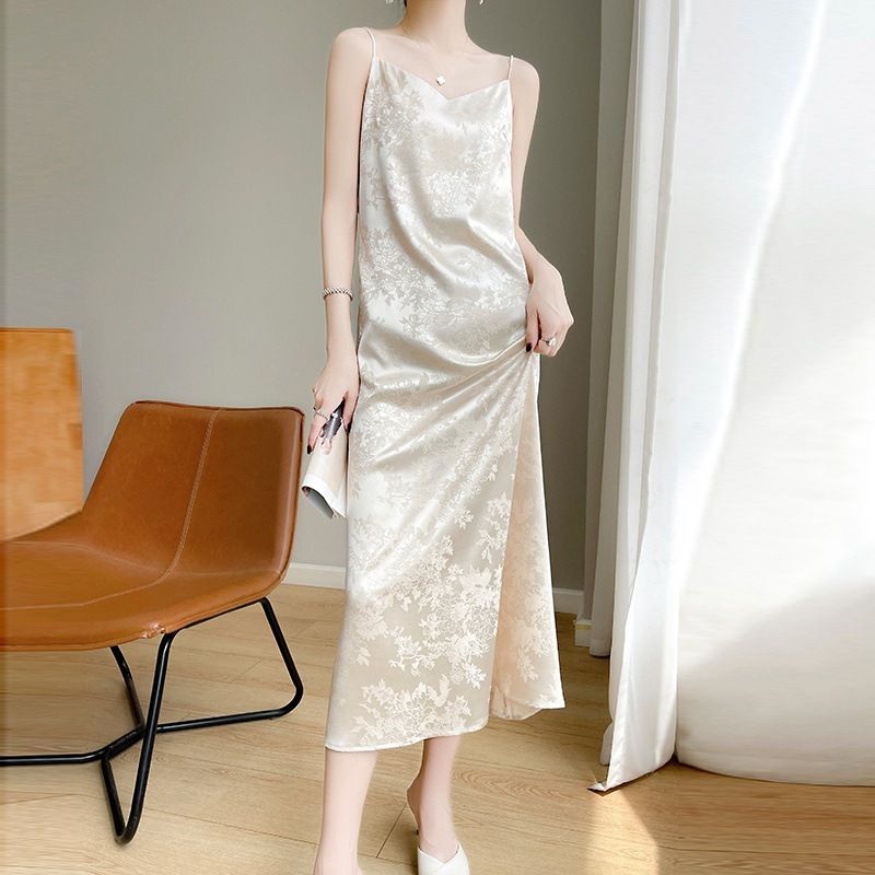 真丝缎面醋酸夏季V领提花无袖吊带连身长裙