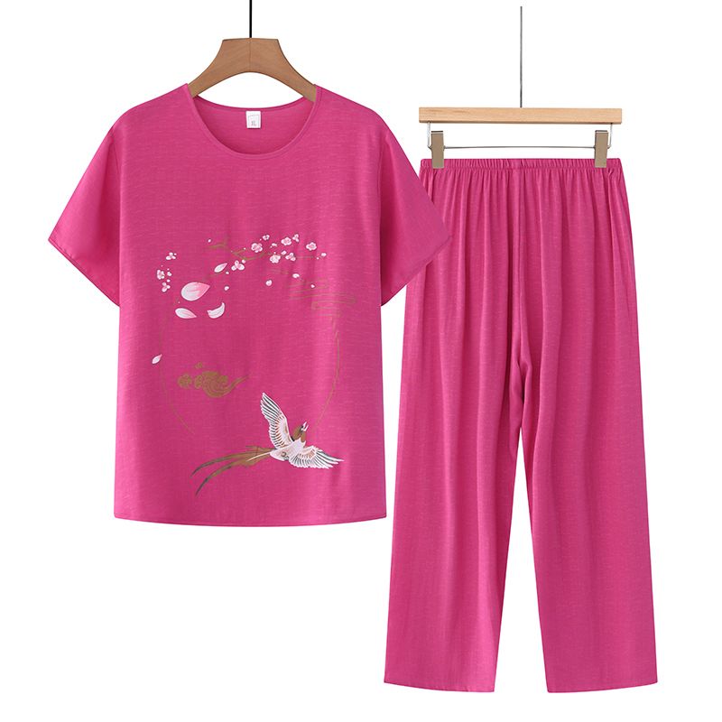 中老年媽媽短袖套裝(XL-4XL碼 玫紅色）【下單後請聯絡客服確認發貨尺碼】F001099452