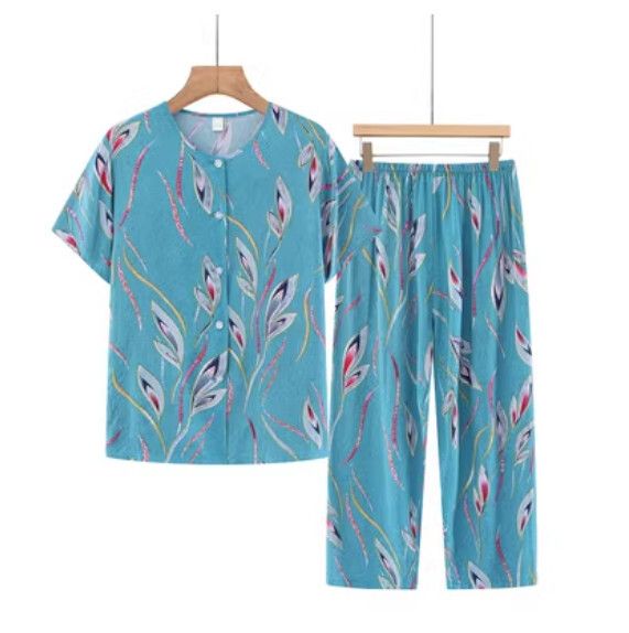 夏季中老年綿綢開衫套裝（淺藍柳葉）【尺碼：XL-5XL】【下單後聯絡客服確認發貨尺碼】F203013107