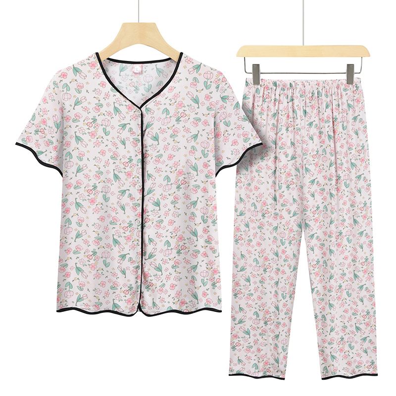 中老年媽媽短袖套裝(XL-4XL碼 清新小粉花）【下單後請聯絡客服確認發貨尺碼】F001099349