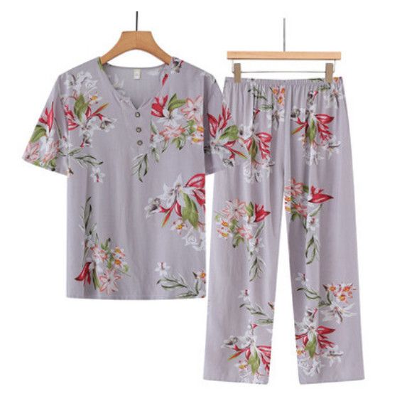 夏季中老年綿綢套裝（銀灰花朵）【尺碼：XL-4XL】【下單後聯絡客服確認發貨尺碼】F203013236