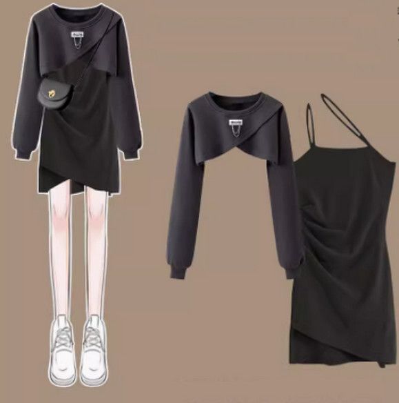 衛衣吊帶兩件套（灰色衛衣+黑色吊帶裙S-3XL）（下單後聯絡客服確認發貨尺碼）#F350001019