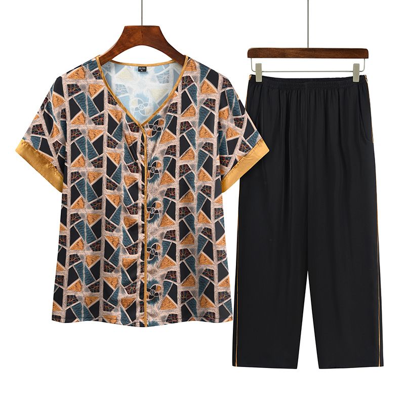 中老年媽媽短袖套裝(XL-4XL碼 橘色）【下單後請聯絡客服確認發貨尺碼】F001099414