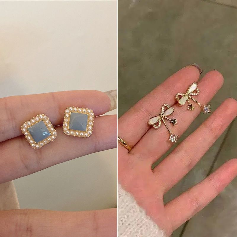 【2對裝】氣質簡約耳環 高級感耳飾(霧霾藍小方塊+貝殼蝴蝶結）#F001104557