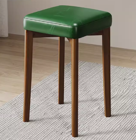 舒適實木軟包方板凳餐椅(深綠-油蠟皮+胡桃腿)(尺寸:44*30CM)