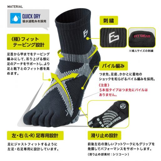 Mikasa, Made in Japan《極フィット》FIT GEAR Non-slip Sports Crew Socks【Five  Fingers Type】(Men, 25-27cm) - BLACK