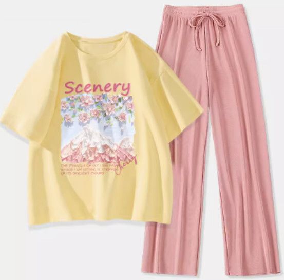 短袖冰絲褲兩件裝【鵝黃色（富士櫻花）+粉褲】【S-XL碼】（下單後請聯絡客服確認發貨尺碼）#K011002680