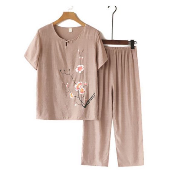 夏季中老年棉麻套裝（盤扣款駝色）【尺碼：XL-4XL】【下單後聯絡客服確認發貨尺碼】F203013021