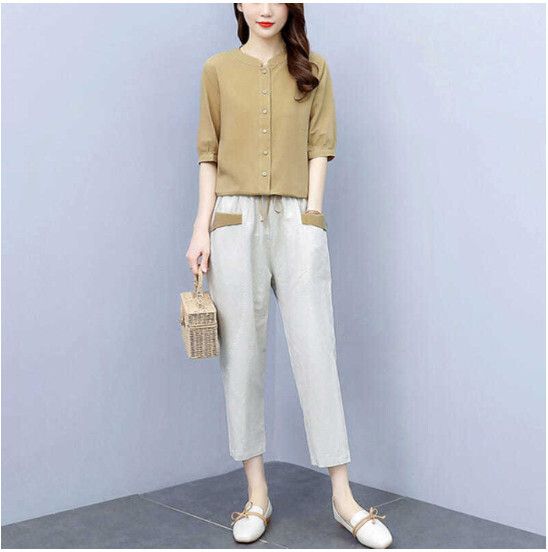 棉麻休閒九分褲套裝【卡其色】 (尺碼：M-3XL碼) (下單後聯繫客服確認發貨尺碼)#F158027148