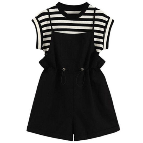 條紋短袖+背帶褲套裝【黑色】【M-2XL碼】（下單後請聯絡客服確認發貨尺碼）#K011004312